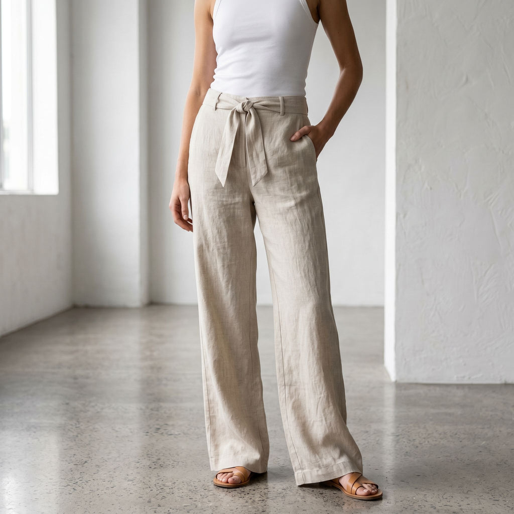 Close-up of linen pants hanging on rustic wooden door highlighting textured fabric and waist tie.