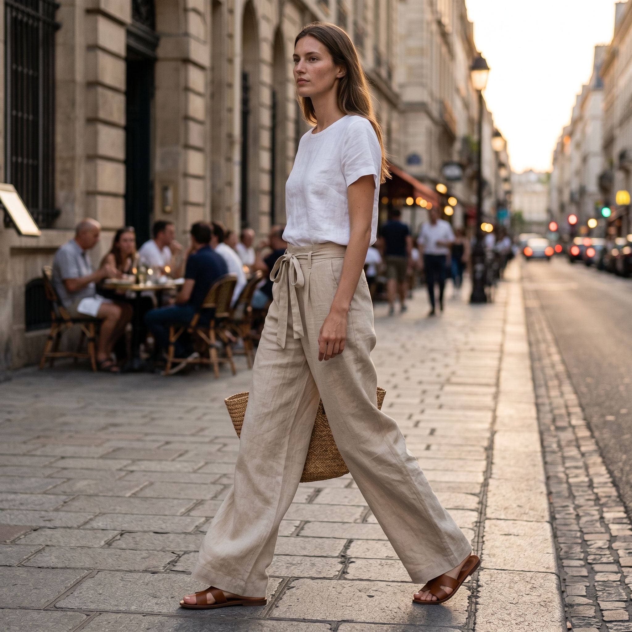 Full-body side shot of woman in linen pants walking on city street in natural light.